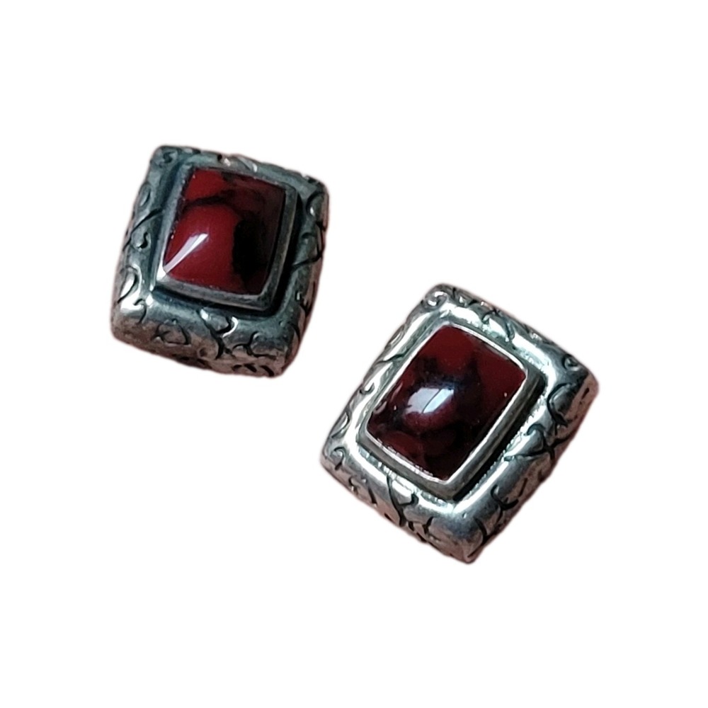 Vintage Mexico 925 Sterling Silver Red Jasper Scrollwork Stud Earrings